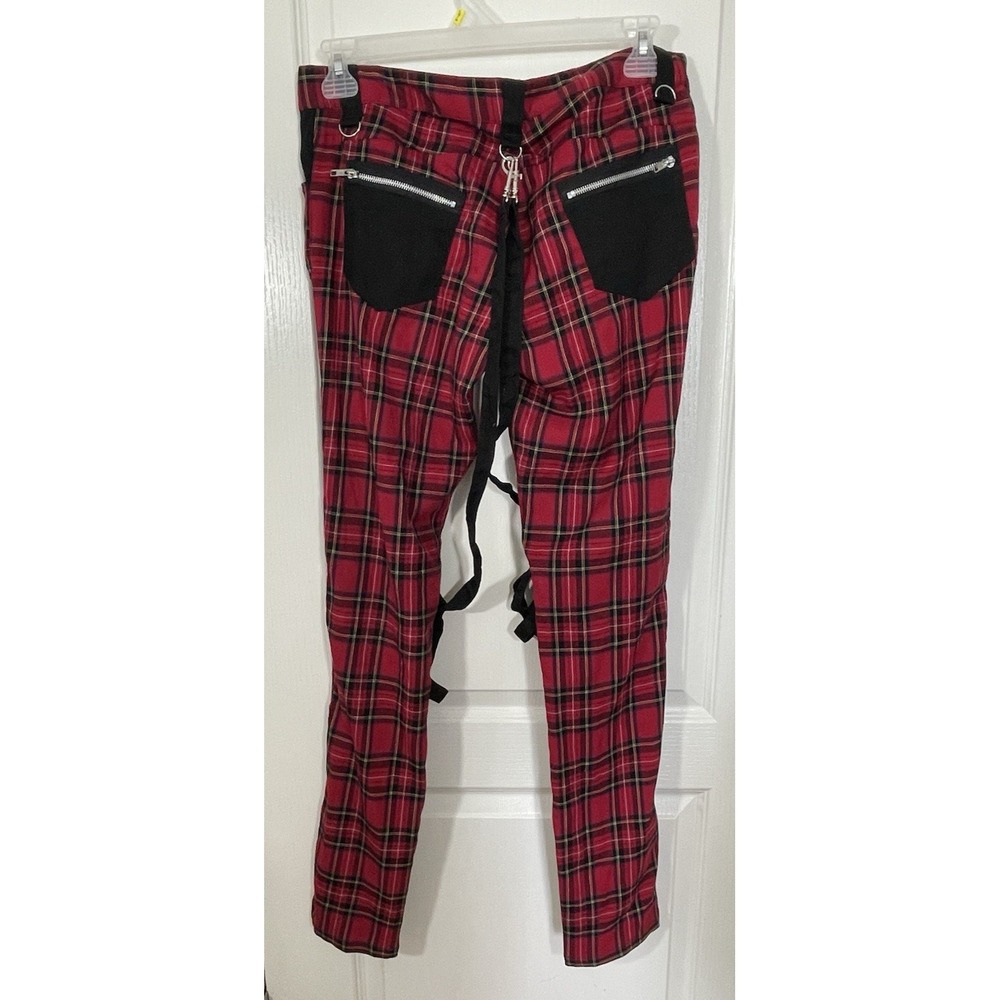 Hell Bunny Tartan Plaid Rudie Pants Womens Large Red Goth Punk Grunge Zippers - Picture 4 of 12